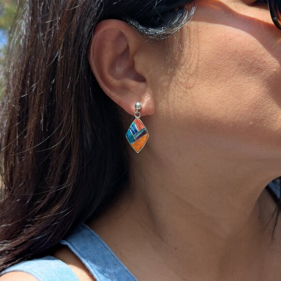 Handcrafted Navajo Multi Stone Inlay Dangle Sterling Silver Earrings Southwest**